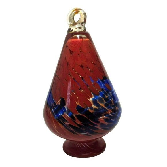 Blown Glass Footed Red and Blue Swirl Teardrop Hanging Decor - Picture 4 of 6